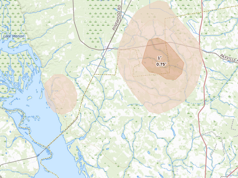 Radar-estimated hail-size map of the storm over Pinewood, SC