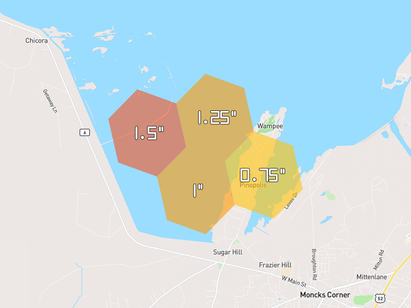 Hail map of Pinopolis, SC on Jul 6, 2026, hail up to 1.5"