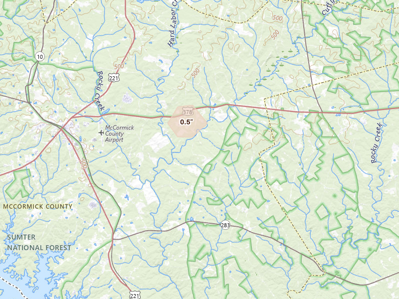 Radar-estimated hail-size map of the storm over Plum Branch, SC on Jul 12, 2026