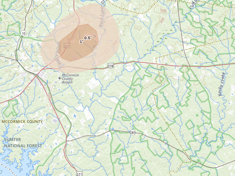 Radar-estimated hail-size map of the storm over Plum Branch, SC on Aug 21, 2026