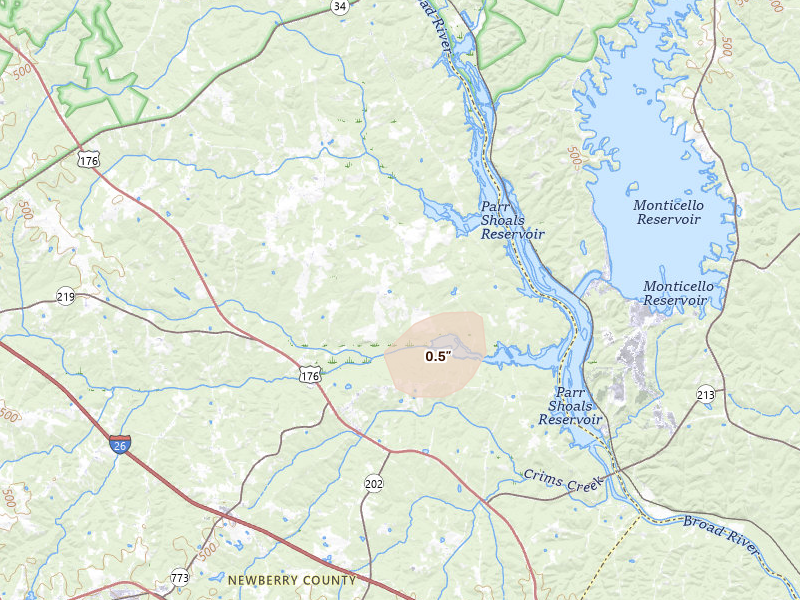 Radar-estimated hail-size map of the storm over Pomaria, SC on Jul 6, 2026