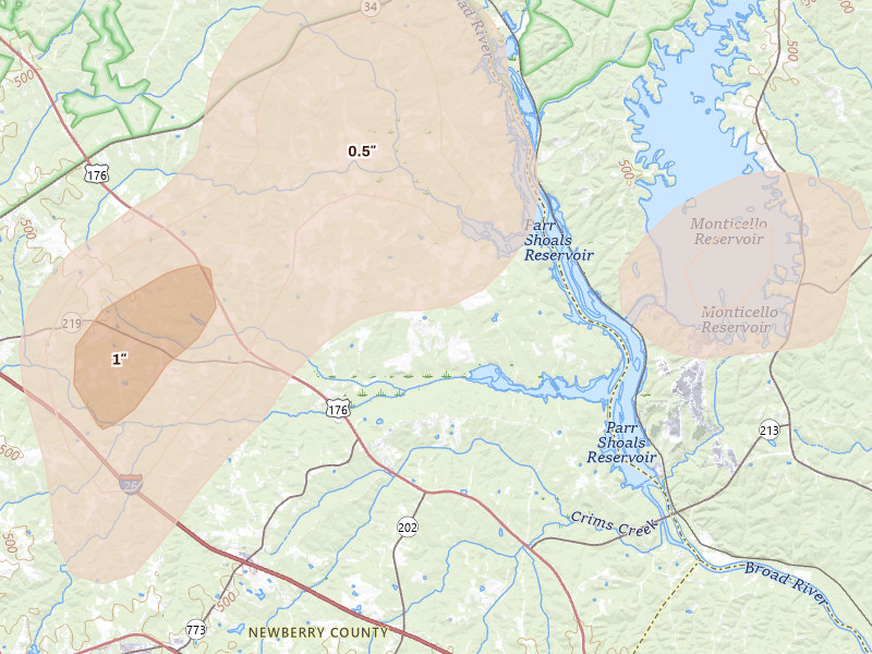 Radar-estimated hail-size map of the storm over Pomaria, SC on Aug 21, 2026