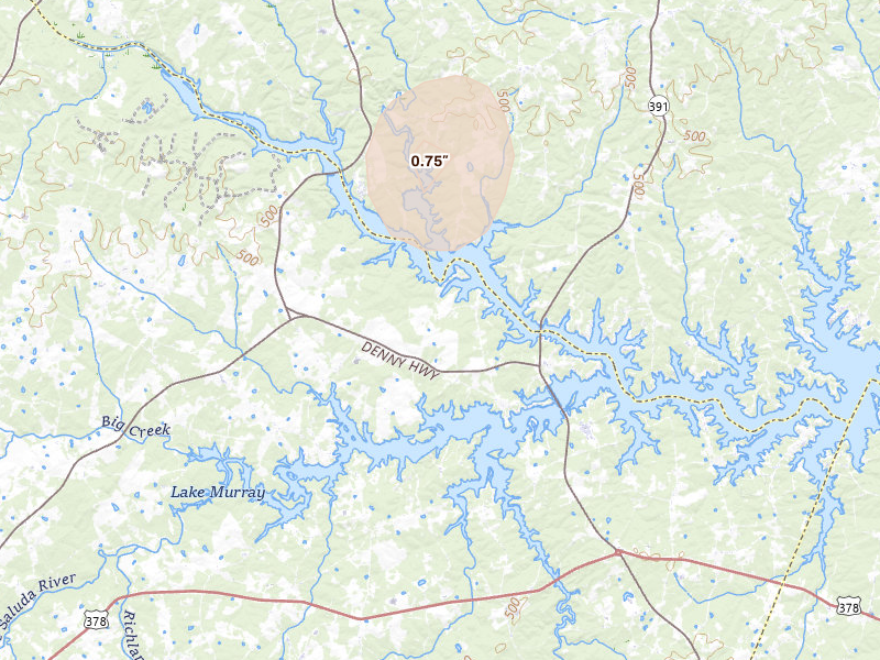 Radar-estimated hail-size map of the storm over Prosperity, SC on Jul 6, 2026