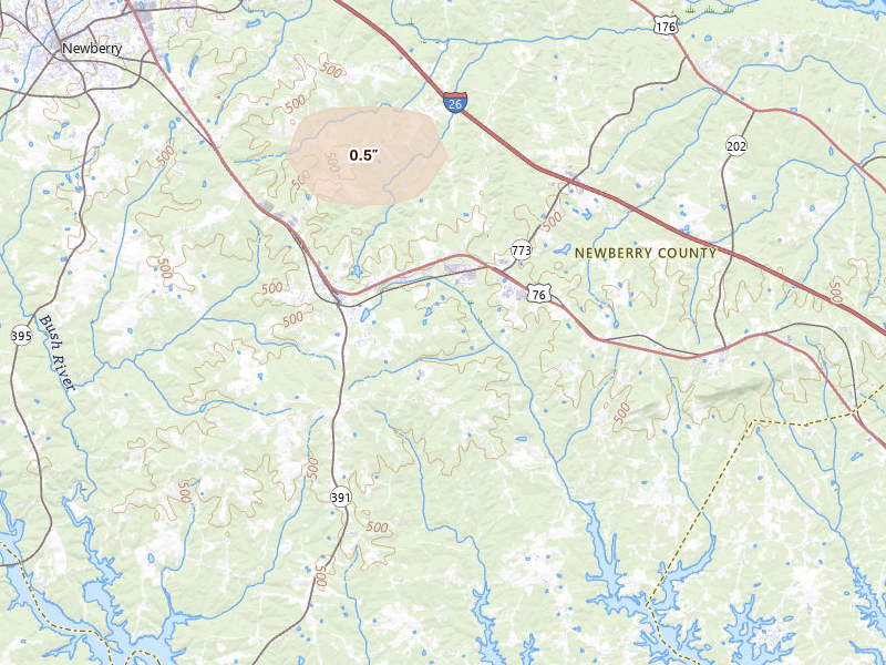 Radar-estimated hail-size map of the storm over Prosperity, SC on Aug 11, 2026