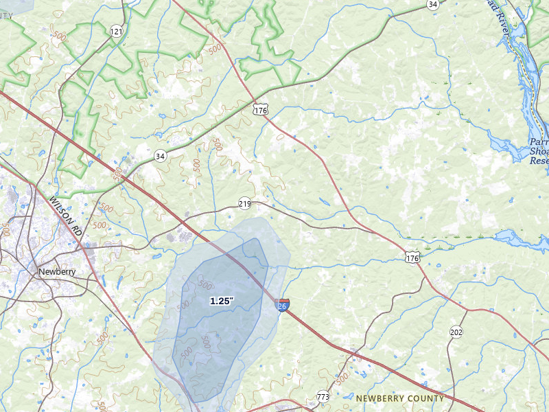 NEXRAD radar-signature map of the hail storm over Prosperity, SC on Aug 11, 2026