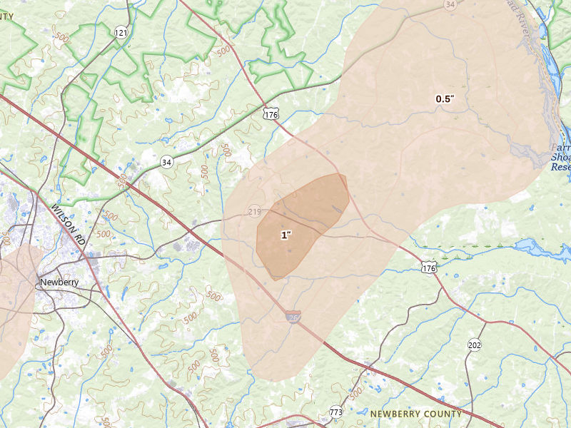 Radar-estimated hail-size map of the storm over Prosperity, SC on Aug 21, 2026