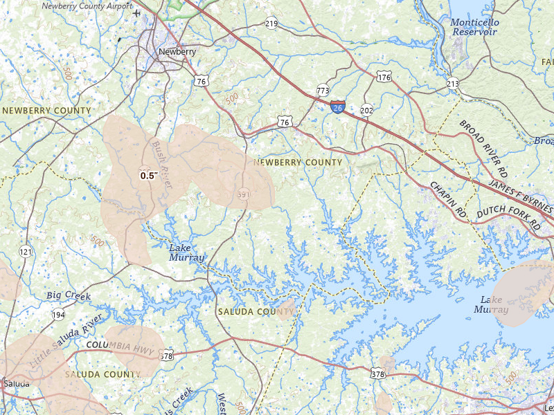 Radar-estimated hail-size map of the storm over Prosperity, SC on Sep 5, 2026