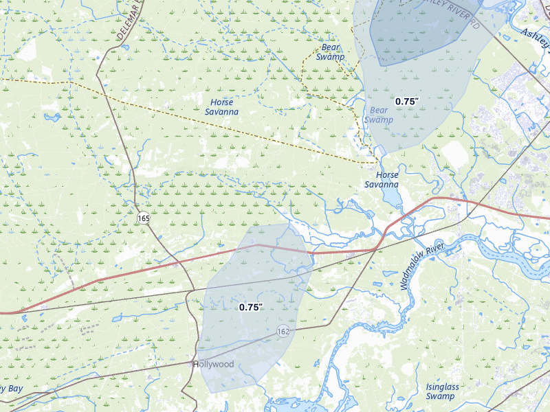 NEXRAD radar-signature map of the hail over Ravenel, SC