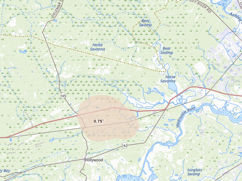 Radar-estimated hail-size map of the storm over Ravenel, SC on Aug 10, 2026