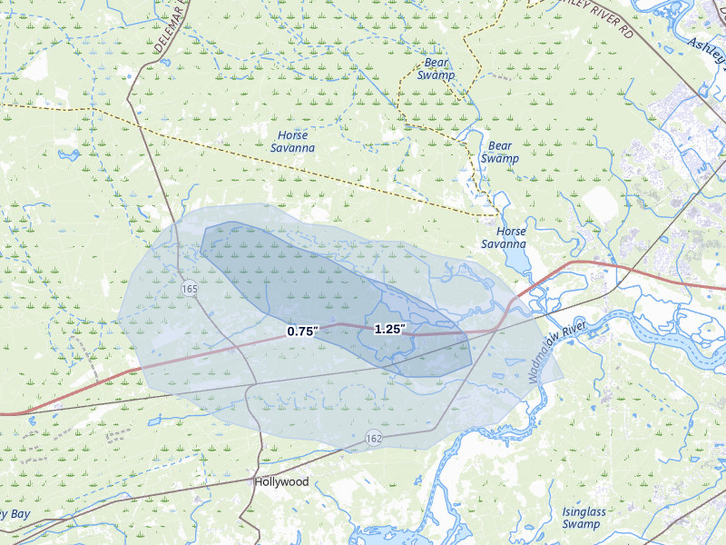 NEXRAD radar-signature map of the hail storm over Ravenel, SC on Aug 10, 2026