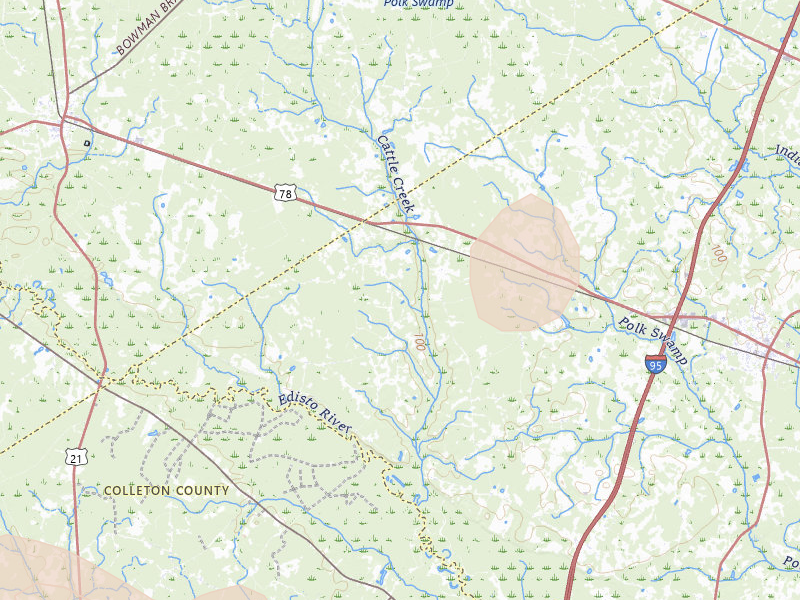 Radar-estimated hail-size map of the storm over Reevesville, SC on Aug 21, 2026