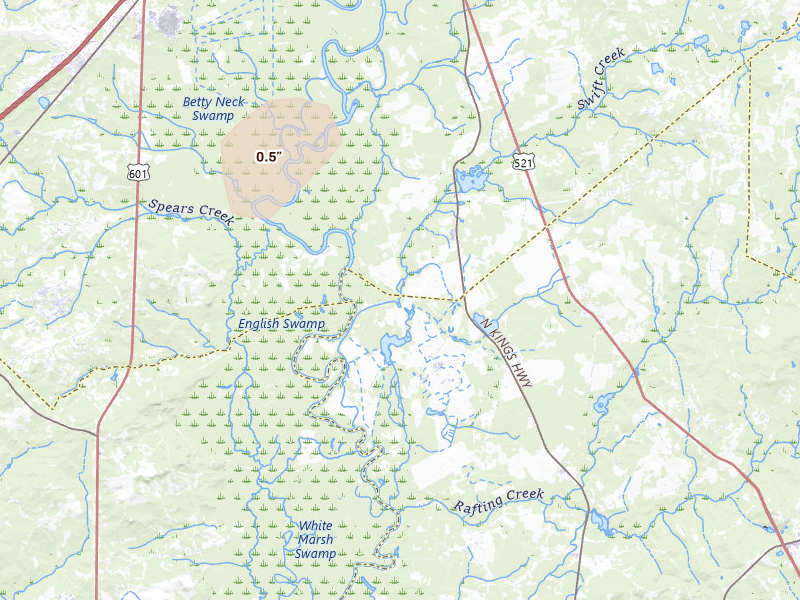 Radar-estimated hail-size map of the storm over Rembert, SC on Jul 5, 2026