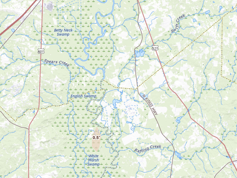 Radar-estimated hail-size map of the storm over Rembert, SC on Jul 12, 2026