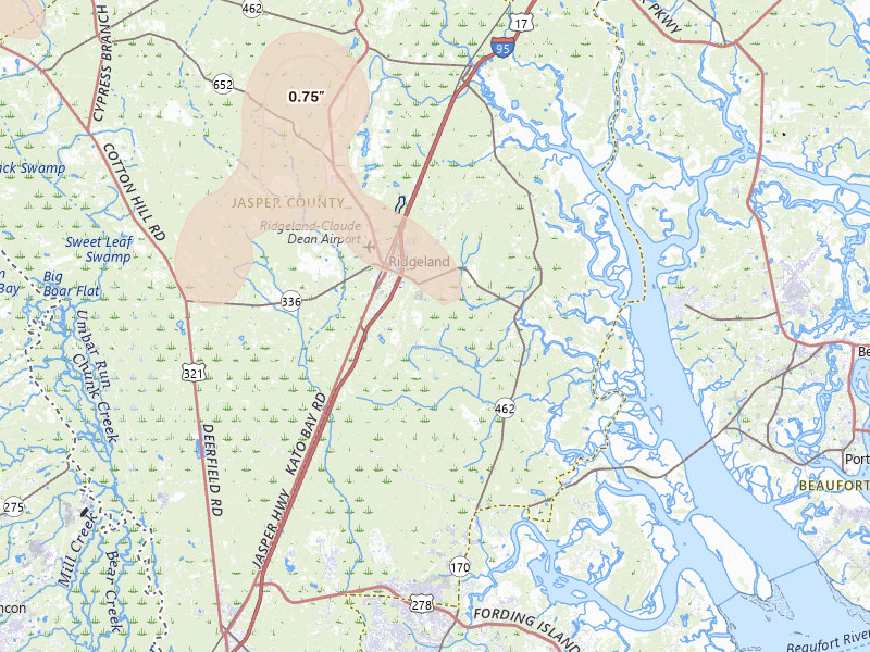 Radar-estimated hail-size map of the storm over Ridgeland, SC on Jul 12, 2026