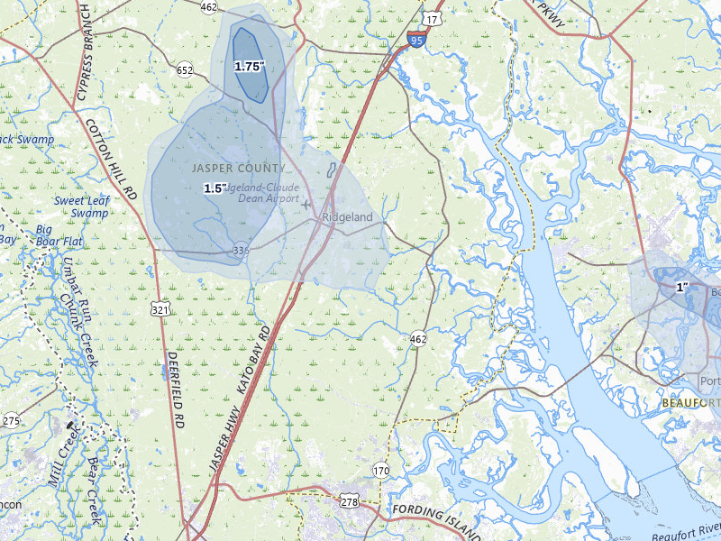 NEXRAD radar-signature map of the hail storm over Ridgeland, SC on Jul 12, 2026
