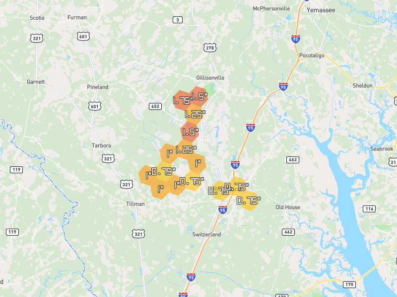 Hail map of Ridgeland, SC on Jul 12, 2026, hail up to 1.75"