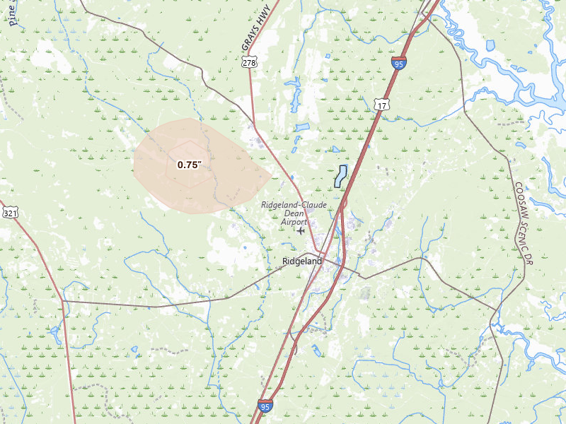 Radar-estimated hail-size map of the storm over Ridgeland, SC on Aug 11, 2026