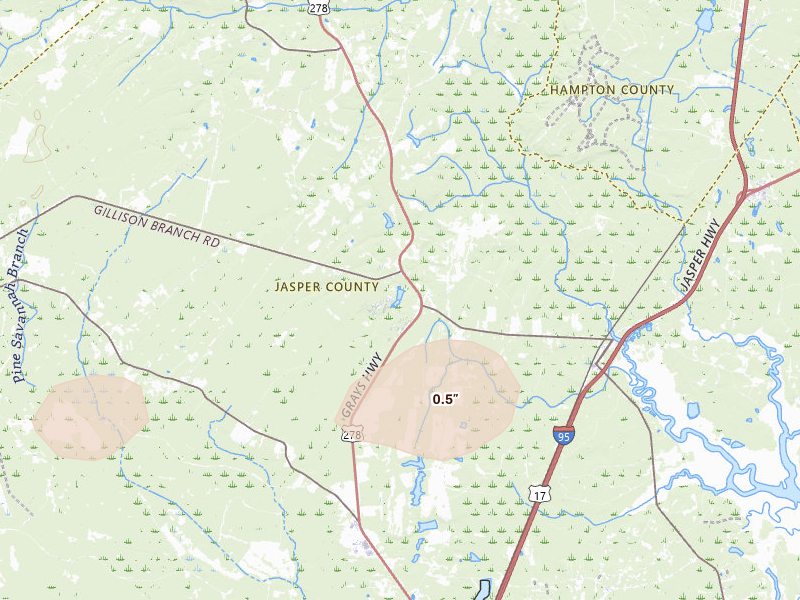 Radar-estimated hail-size map of the storm over Ridgeland, SC on Aug 16, 2026