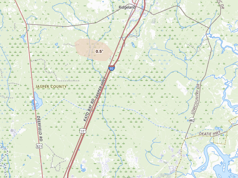 Radar-estimated hail-size map of the storm over Ridgeland, SC on Aug 24, 2026