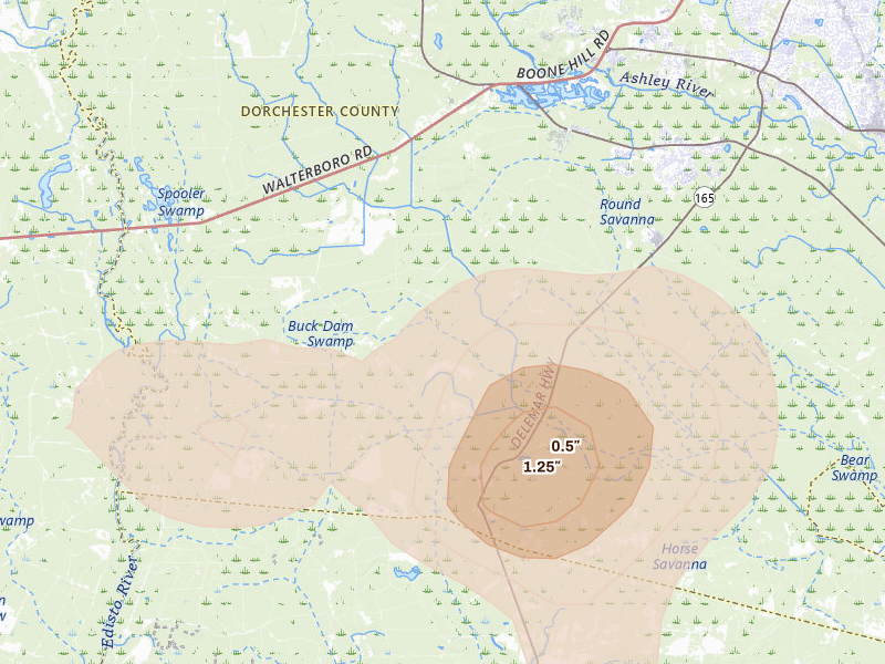 Radar-estimated hail-size map of the storm over Ridgeville, SC on Jul 5, 2026