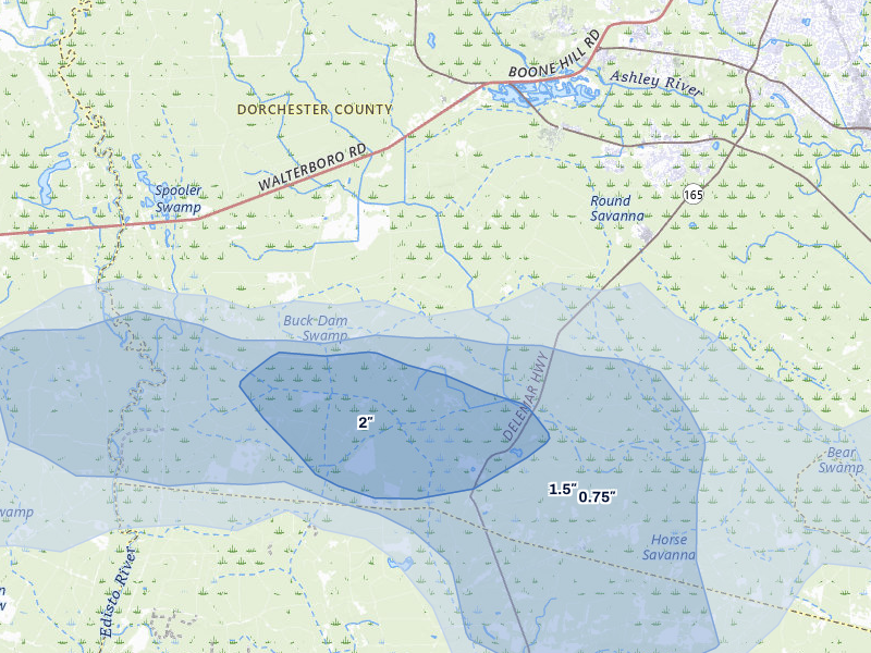 NEXRAD radar-signature map of the hail storm over Ridgeville, SC on Jul 5, 2026