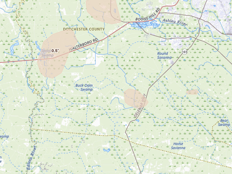 Radar-estimated hail-size map of the storm over Ridgeville, SC on Jul 10, 2026