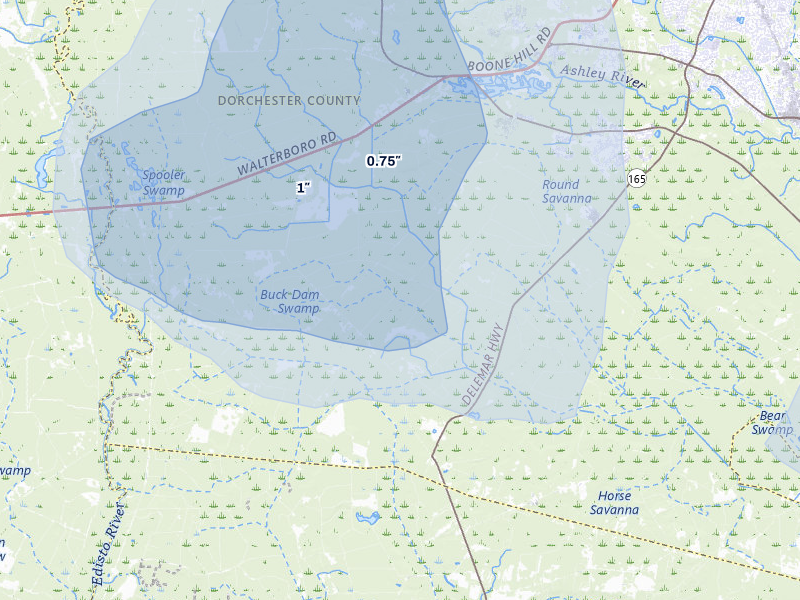 NEXRAD radar-signature map of the hail storm over Ridgeville, SC on Jul 10, 2026