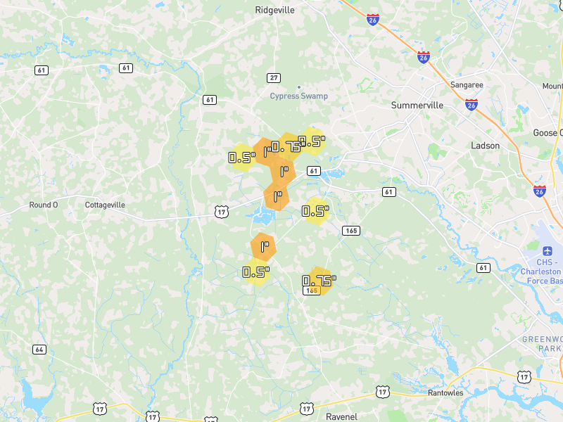 Hail map of Ridgeville, SC on Jul 10, 2026, hail up to 1"