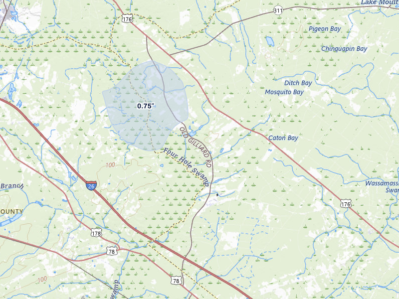 NEXRAD radar-signature map of the hail storm over Ridgeville, SC on Jul 26, 2026