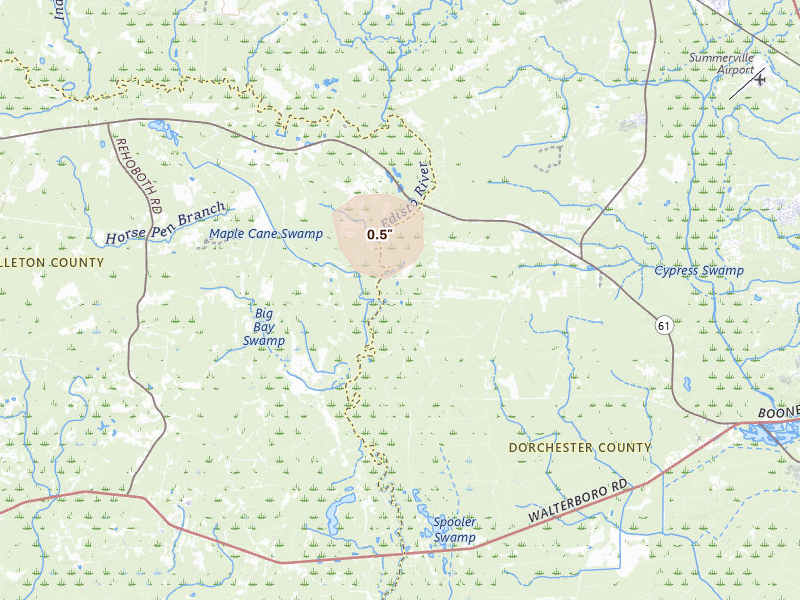 Radar-estimated hail-size map of the storm over Ridgeville, SC on Sep 5, 2026