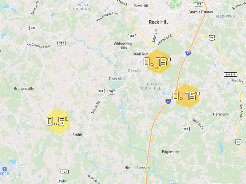 Hail map of Rock Hill, SC on Jun 28, 2026, hail up to 0.75"