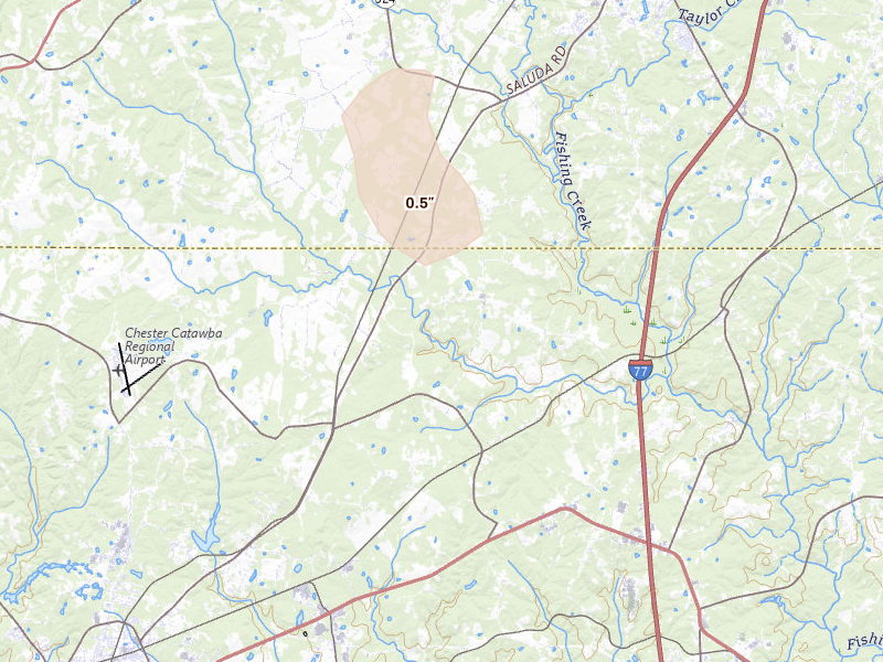 Radar-estimated hail-size map of the storm over Rock Hill, SC on Aug 9, 2026