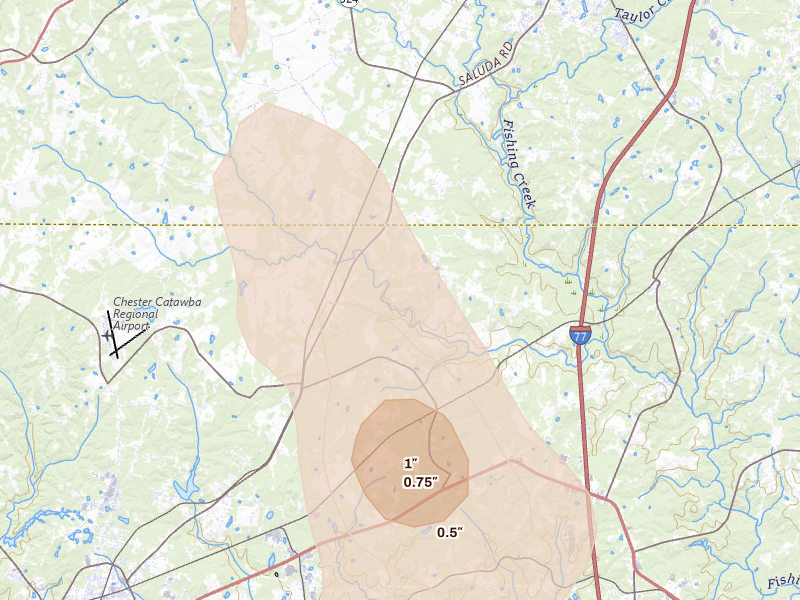 Radar-estimated hail-size map of the storm over Rock Hill, SC
