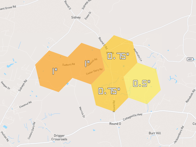 Hail map of Round O, SC on Jul 12, 2026, hail up to 1"