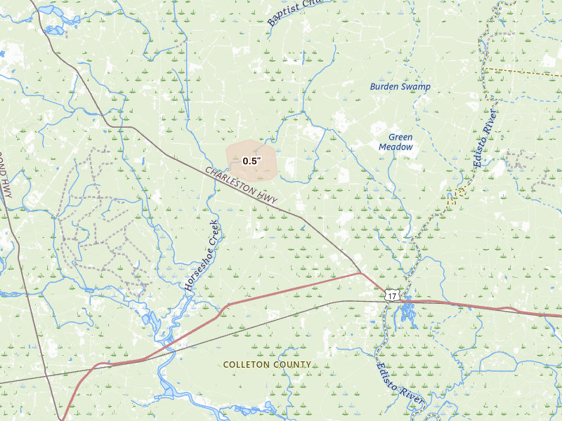 Radar-estimated hail-size map of the storm over Round O, SC on Jul 24, 2026