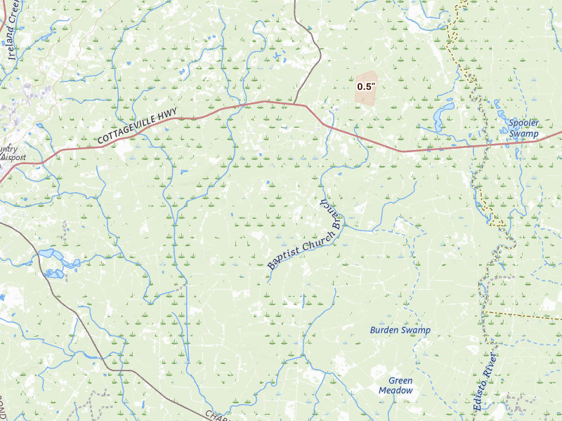 Radar-estimated hail-size map of the storm over Round O, SC on Aug 6, 2026