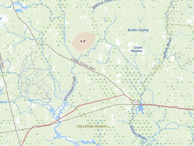 Radar-estimated hail-size map of the storm over Round O, SC on Aug 15, 2026