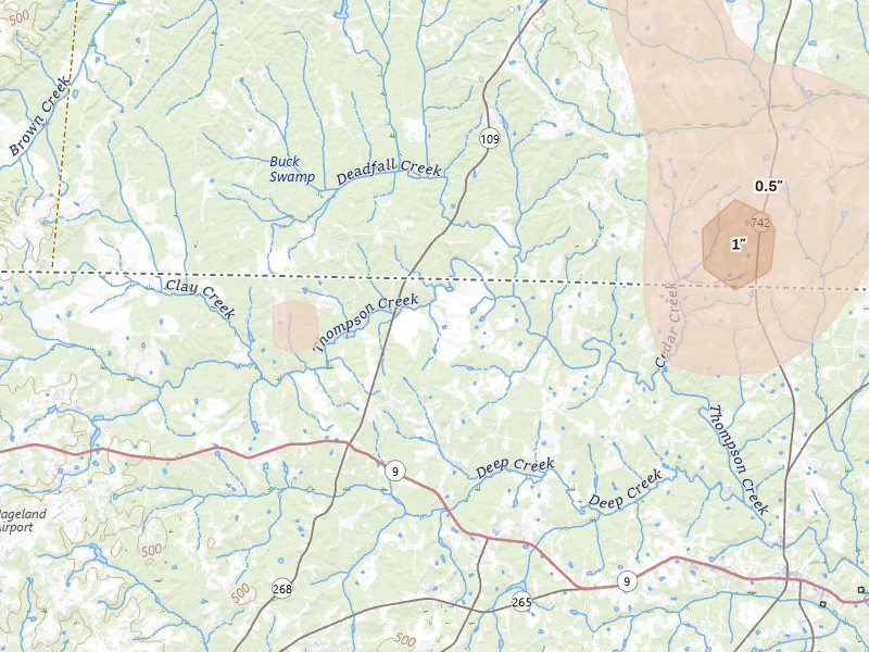 Radar-estimated hail-size map of the storm over Ruby, SC on Aug 21, 2026