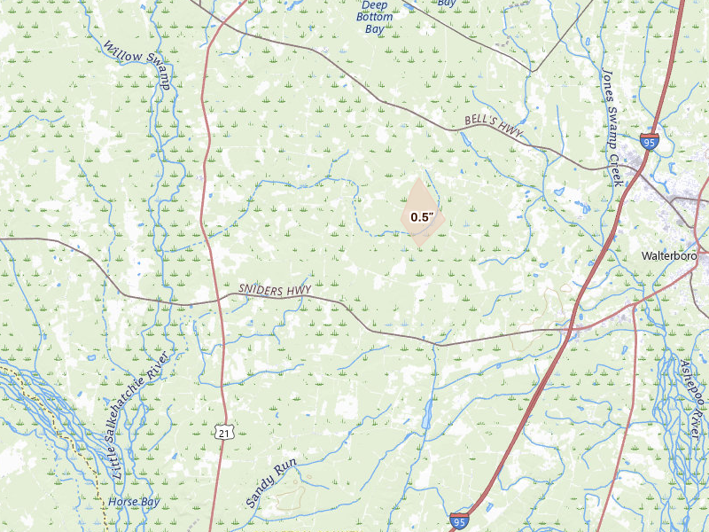 Radar-estimated hail-size map of the storm over Ruffin, SC on Jun 9, 2026