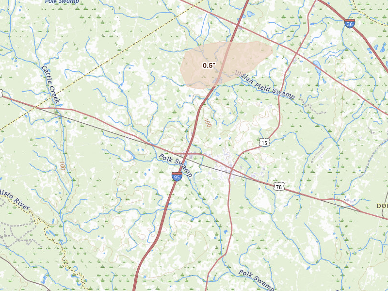 Radar-estimated hail-size map of the storm over Saint George, SC on Jun 26, 2026