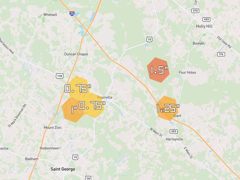 Hail map of Saint George, SC on Jul 6, 2026, hail up to 1.5"