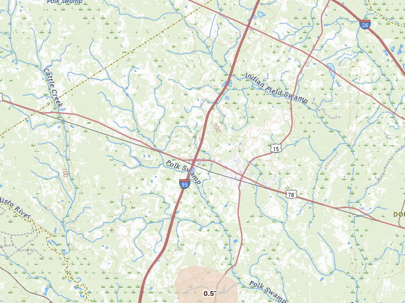 Radar-estimated hail-size map of the storm over Saint George, SC on Jul 10, 2026