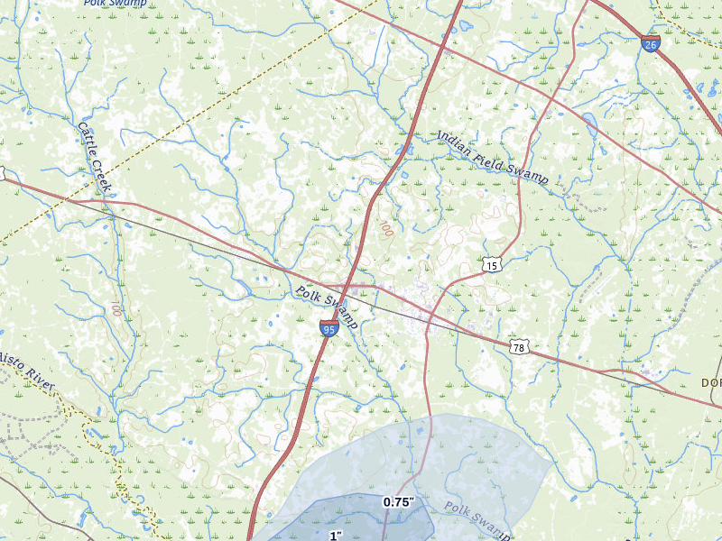 NEXRAD radar-signature map of the hail storm over Saint George, SC on Jul 10, 2026