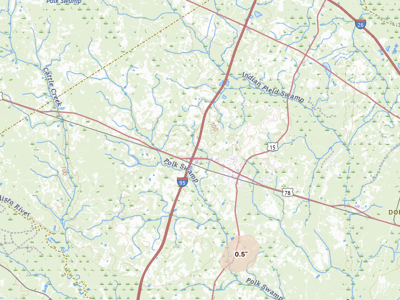 Radar-estimated hail-size map of the storm over Saint George, SC on Jul 20, 2026