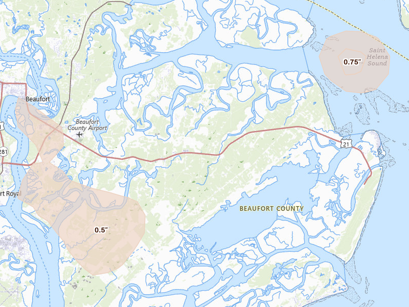 Radar-estimated hail-size map of the storm over Saint Helena Island, SC on Jul 12, 2026