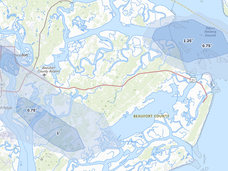 NEXRAD radar-signature map of the hail storm over Saint Helena Island, SC on Jul 12, 2026