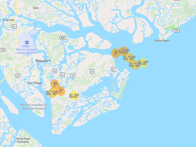 Hail map of Saint Helena Island, SC on Jul 12, 2026, hail up to 1.25"
