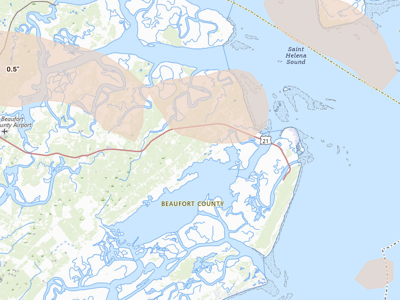 Radar-estimated hail-size map of the storm over Saint Helena Island, SC on Aug 10, 2026