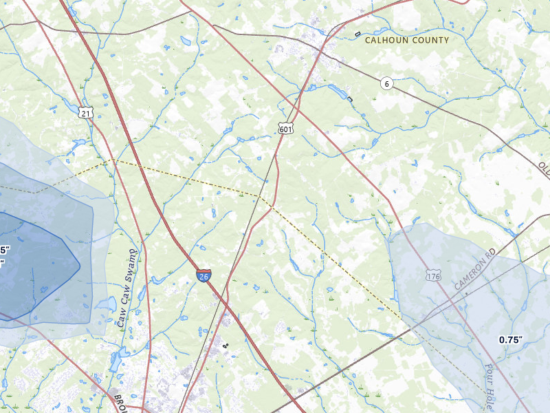 NEXRAD radar-signature map of the hail storm over Saint Matthews, SC on Jul 5, 2026