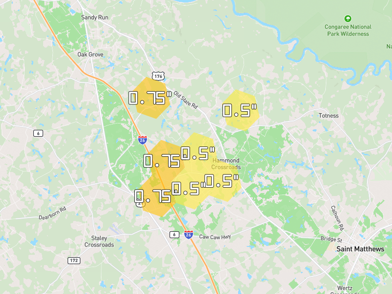 Hail map of Saint Matthews, SC on Jul 7, 2026, hail up to 0.75"